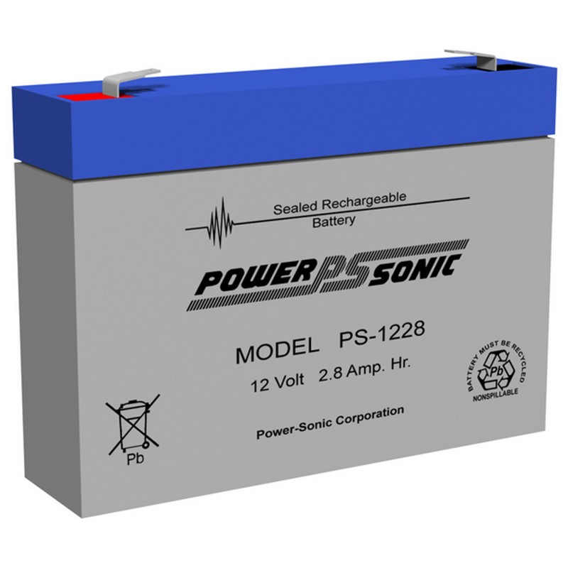 12 Volt 2.8 AH Powersonic PS1228, F1 Terminals, Rechargeable Sealed Lead Acid Battery