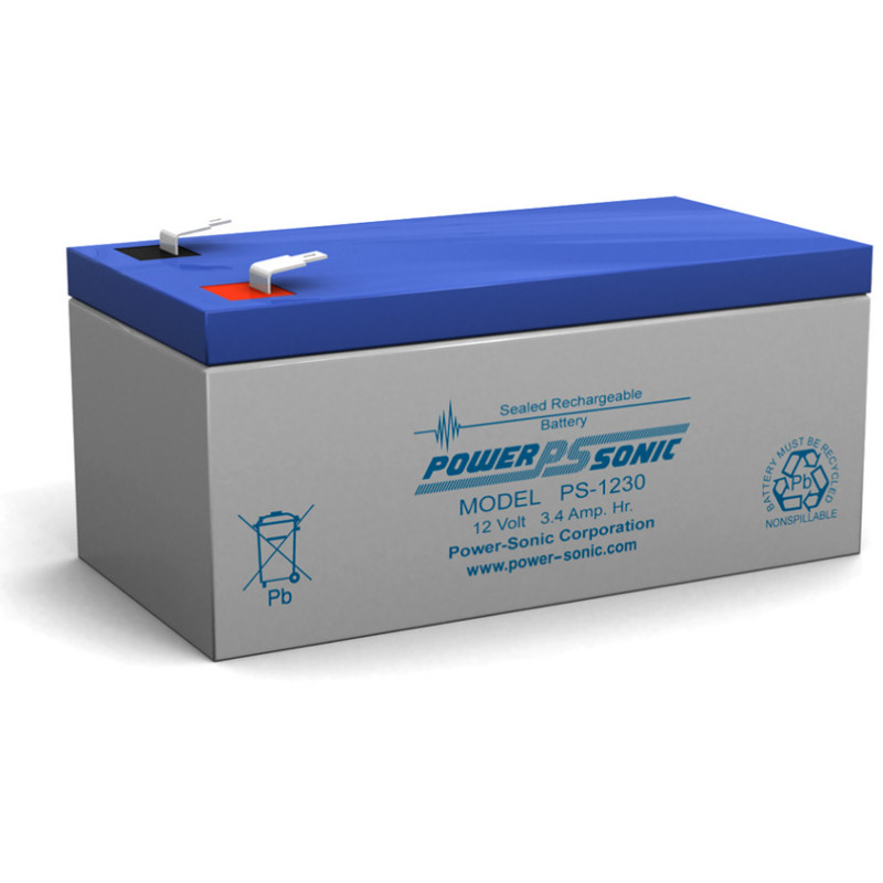 12 Volt 3.4 AH Powersonic PS1230, F1 Terminals, Rechargeable Sealed Lead Acid Battery