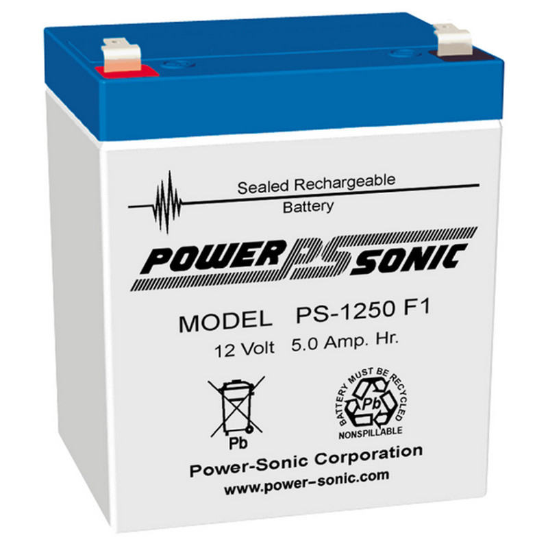 12 Volt 5 AH Powersonic PS1250, F1 or F2 Terminals, Rechargeable Sealed Lead Acid Battery