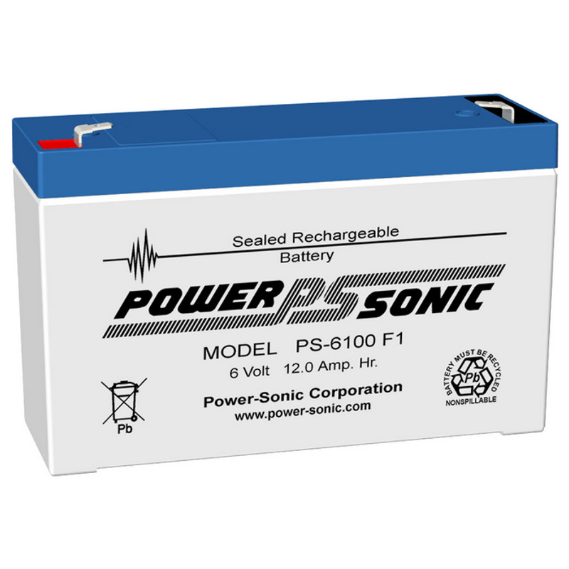 6 Volt 12 AH Powersonic PS6100, F1 or F2 Terminals, Rechargeable Sealed Lead Acid Battery