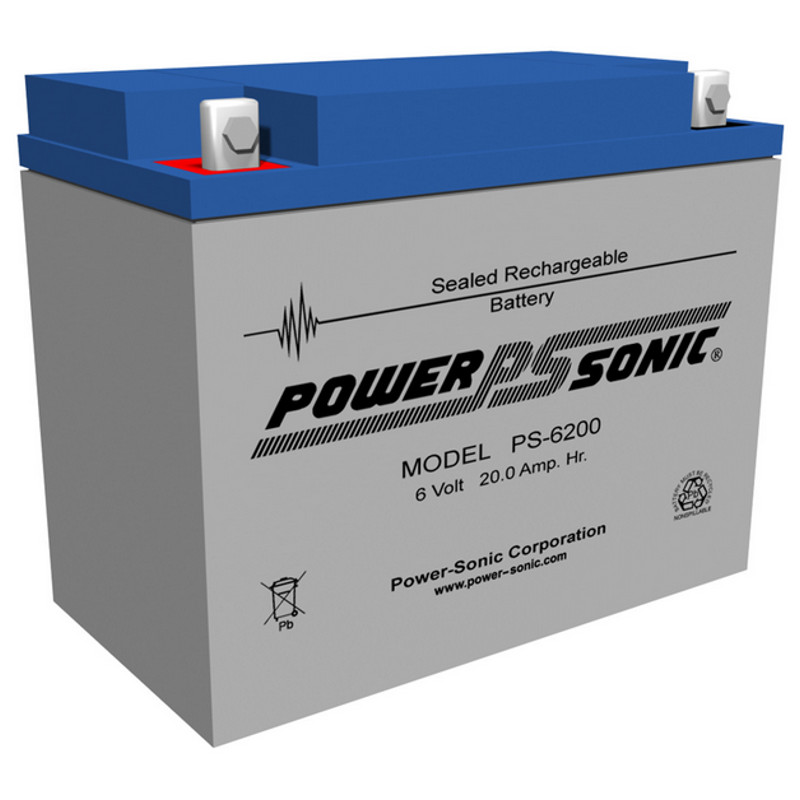 6 Volt 20.0 AH Powersonic PS6200, NB Terminals, Rechargeable Sealed Lead Acid Battery