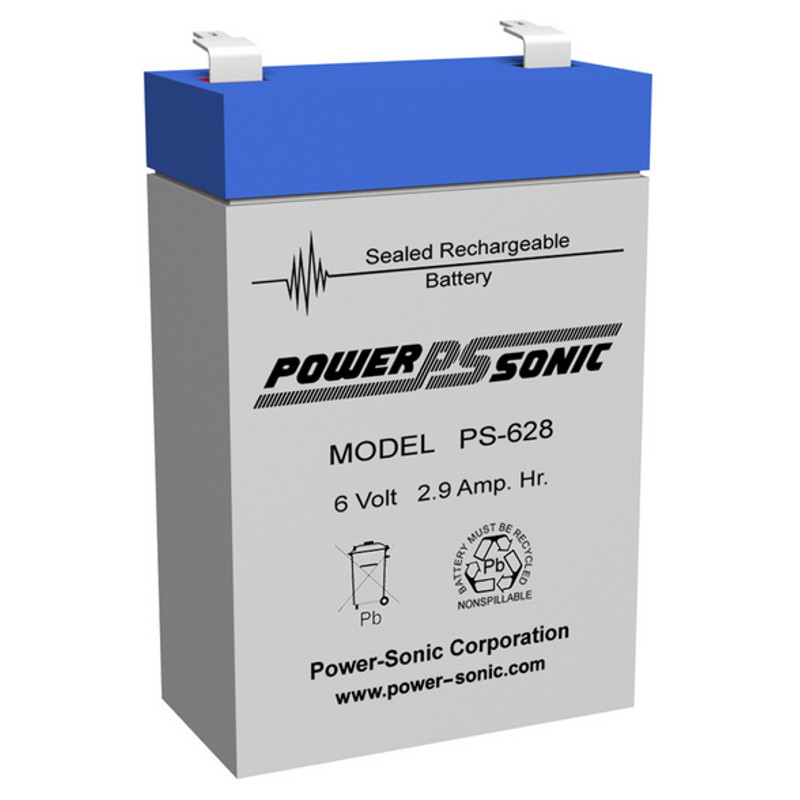 6 Volt 2.9 AH Powersonic PS628, F1 Terminals, Rechargeable Sealed Lead Acid Battery