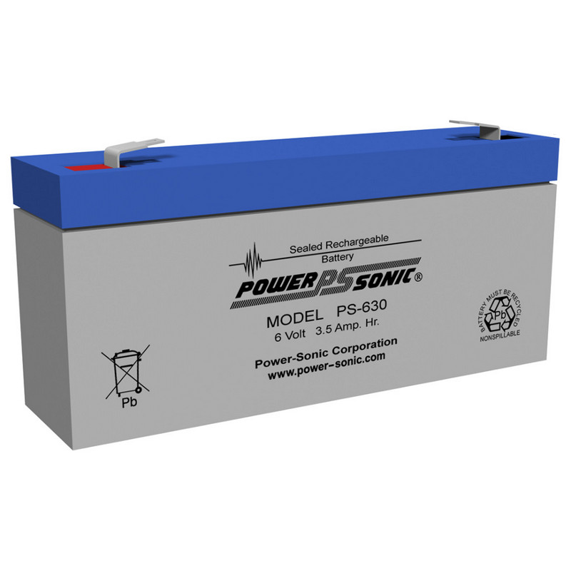 6 Volt 3.5 AH Powersonic PS630, F1 Terminals, Rechargeable Sealed Lead Acid Battery