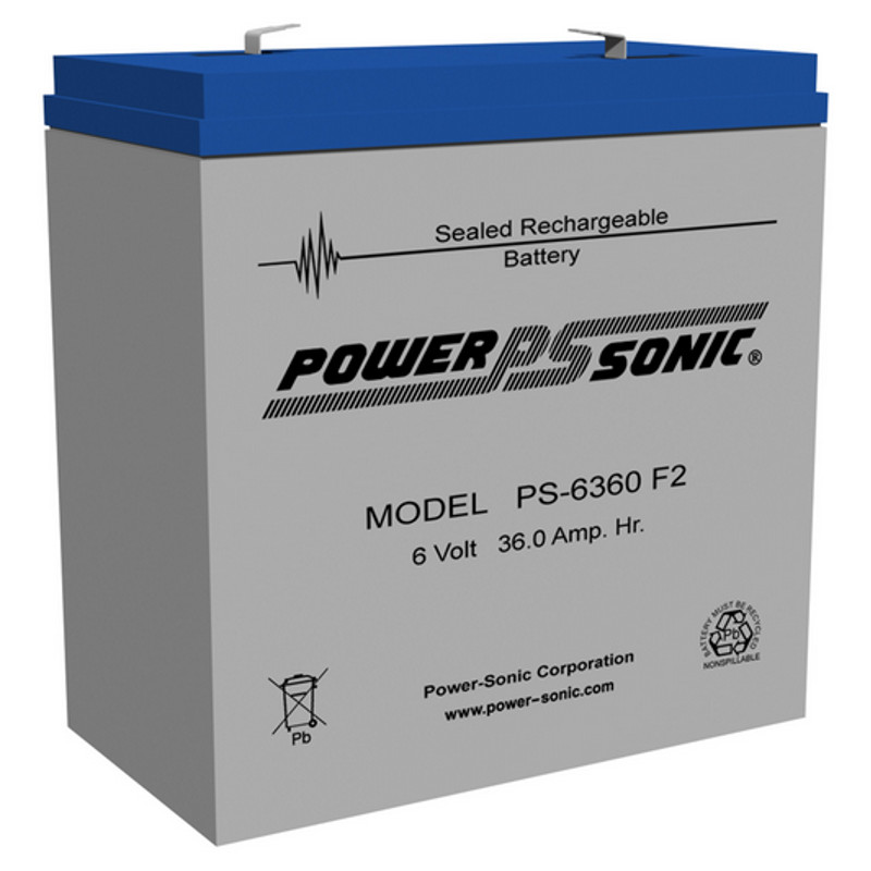 6 Volt 36.0 AH Powersonic PS6360, F2 or NB Terminals, Rechargeable Sealed Lead Acid Battery