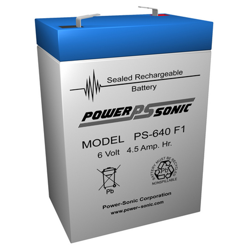 6 Volt 4.5 AH Powersonic PS640, F1 Terminals, Rechargeable Sealed Lead Acid Battery