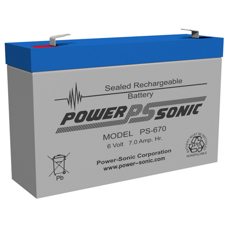 6 Volt 7 AH Powersonic PS670, F1 Terminals, Rechargeable Sealed Lead Acid Battery