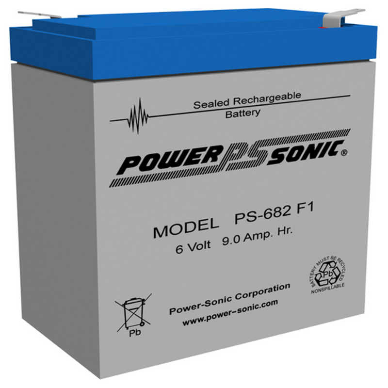 6 Volt 9.0 AH Powersonic PS682, F1 Terminals, Rechargeable Sealed Lead Acid Battery
